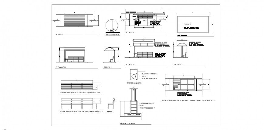 Bus stop stand detail drawing in dwg AutoCAD file.
