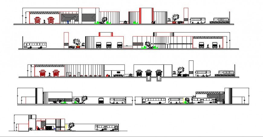 Bus terminal building all sided elevation and section drawing details dwg file