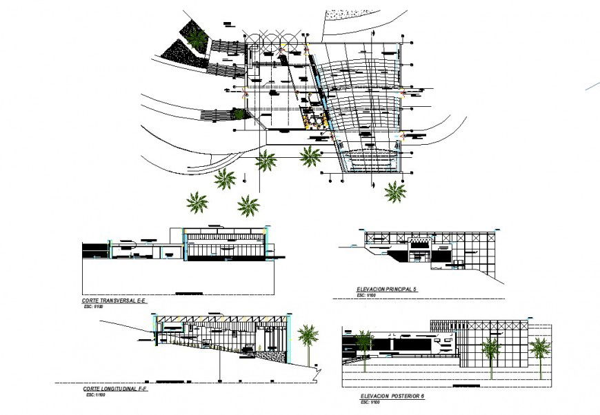 Business hub plan, elevation and section autocad file
