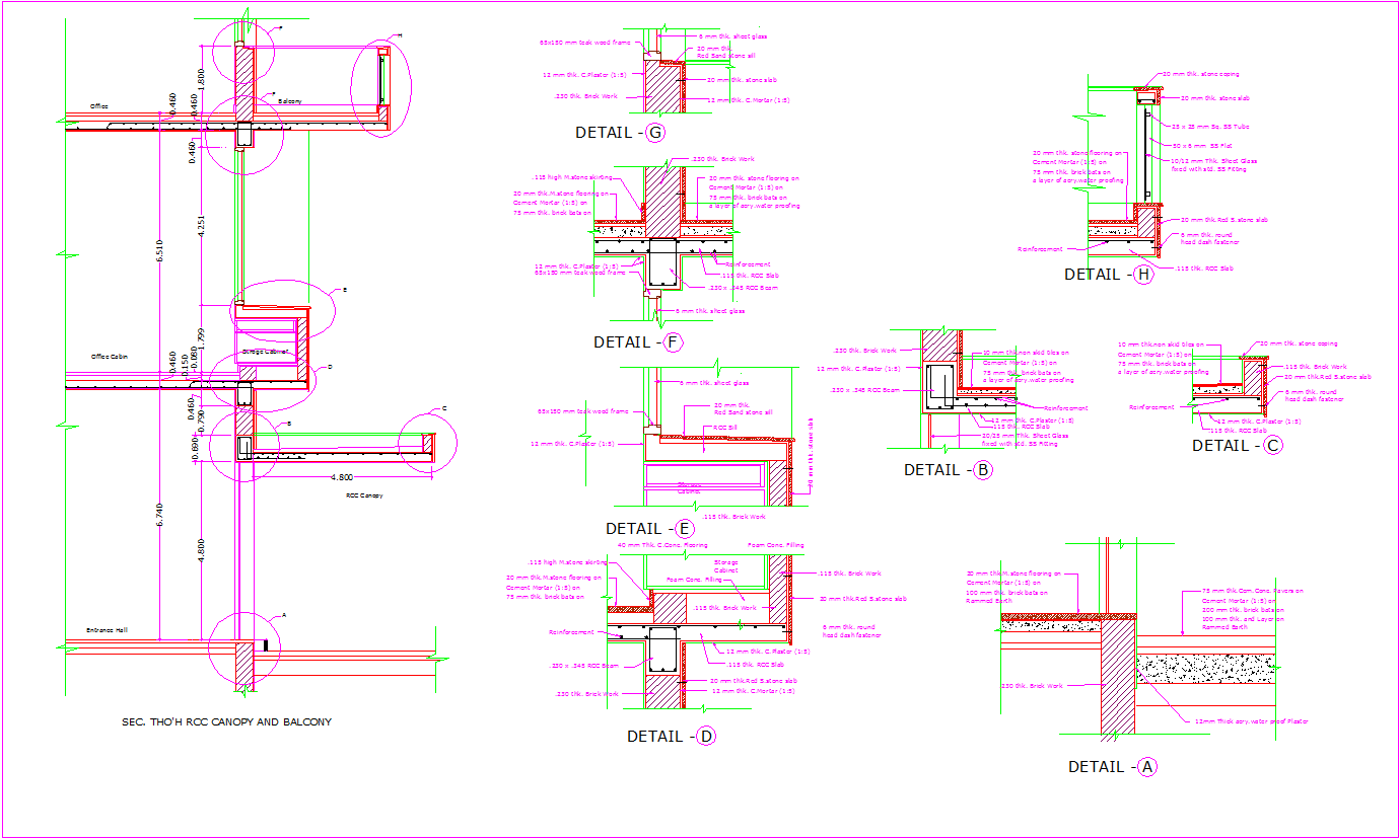 AutoCAD Balcony and Canopy Section DWG with Detailed RCC Drawings
