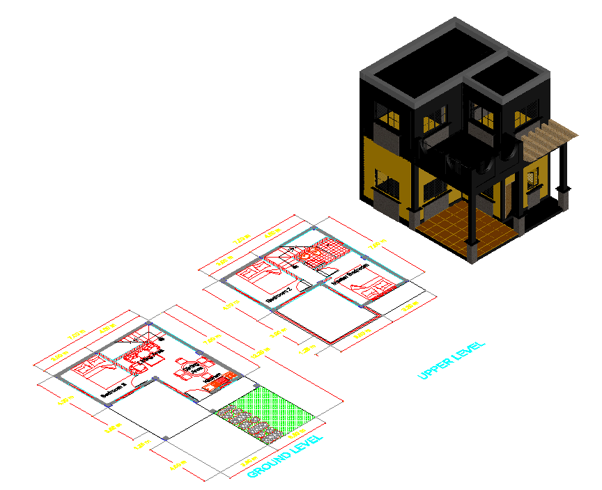 3D House DWG with Ground and Upper Level Detailed Floor Plans