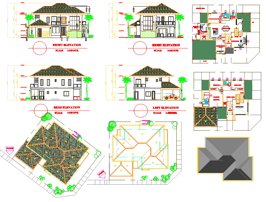 Modern Two Floor Bungalow Plan with Elevations and Roof Layout