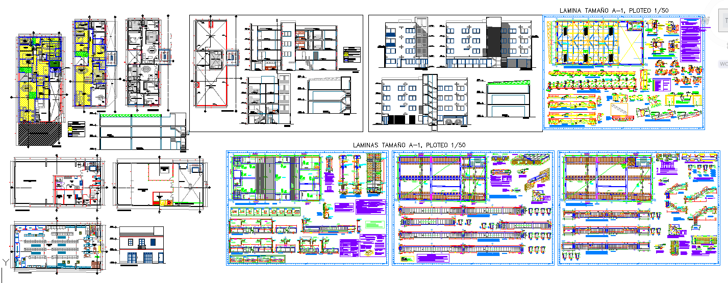 Shopping mall with residence DWG including plans sections levels