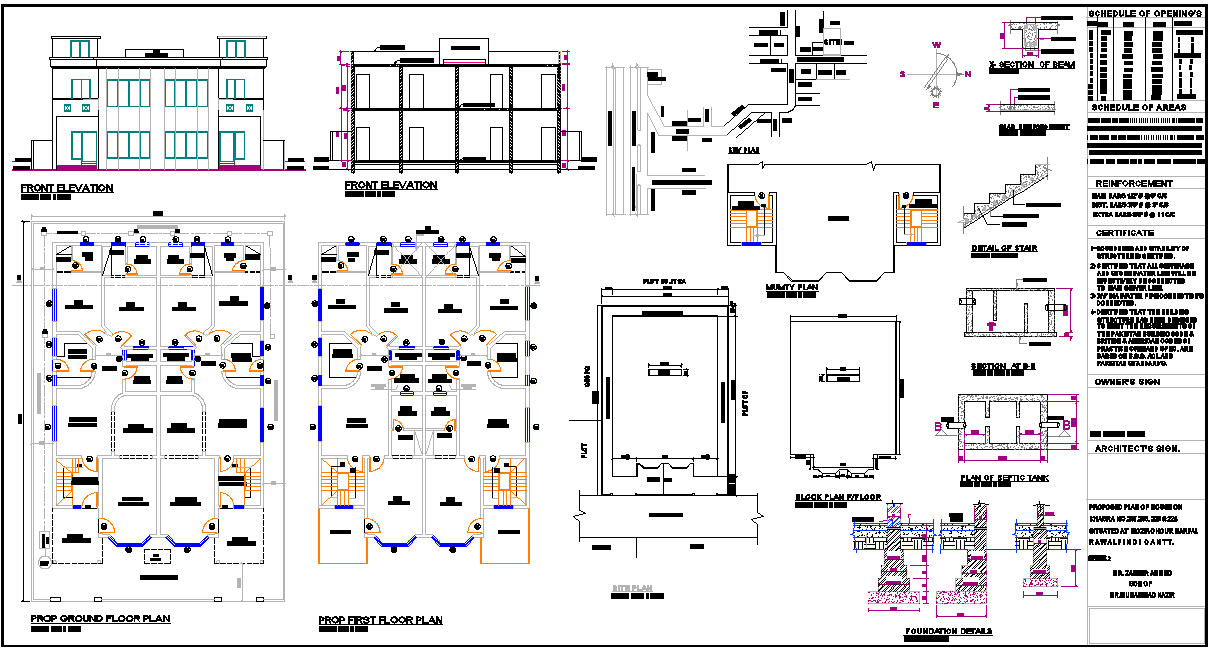 Residential Building CAD Plan with Elevation and Structural Details