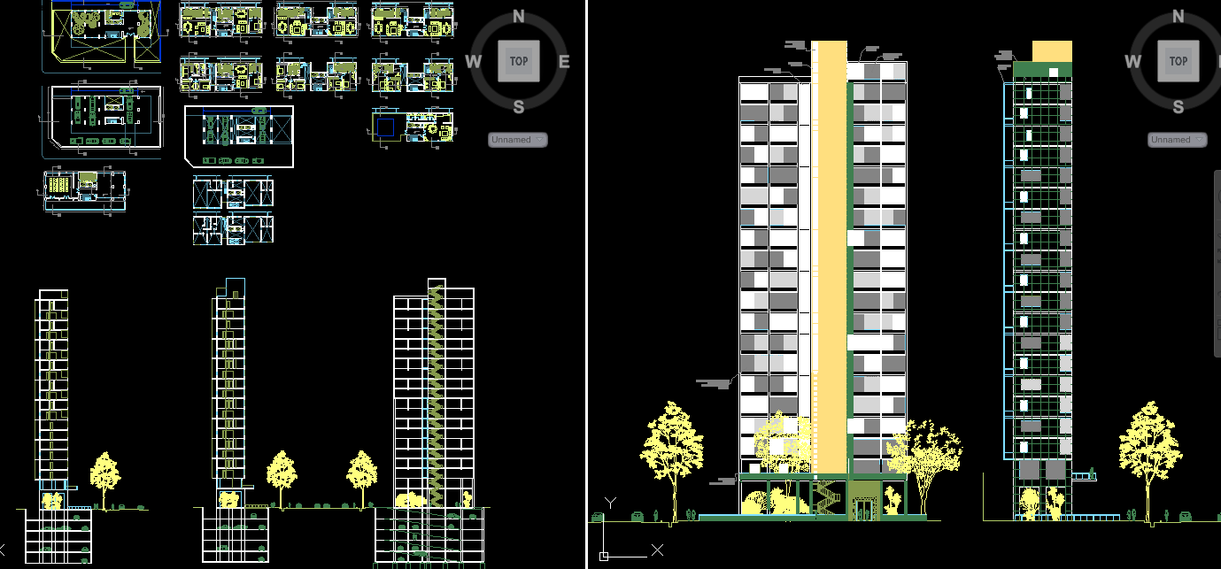 Modern Apartment Building CAD Drawing with Floor and Section Plans