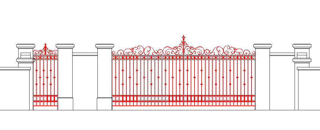 Entrance Gate CAD Drawing with Decorative Iron Design Elevation.