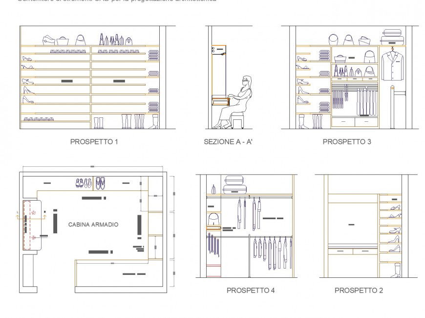 Cabina armadio plan and section layout file