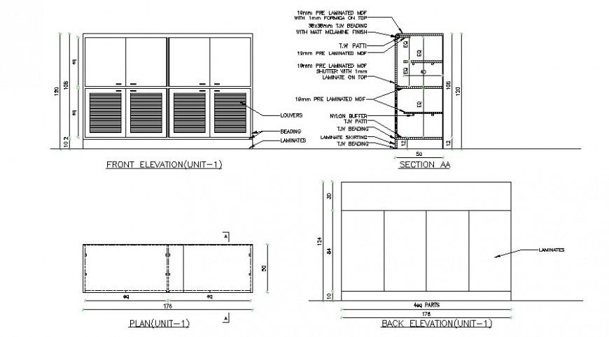 Cabinet plan, elevation and section view in auto cad software