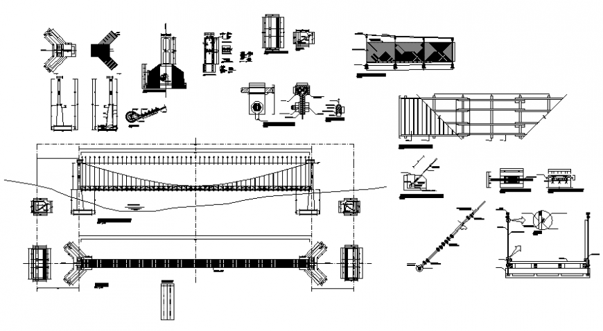 Cable bridge construction 2d view plan and elevation dwg file