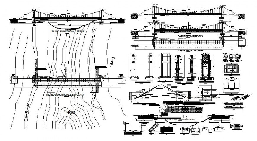 Cable bridge drawings detail 2d view elevation and plan autocad file