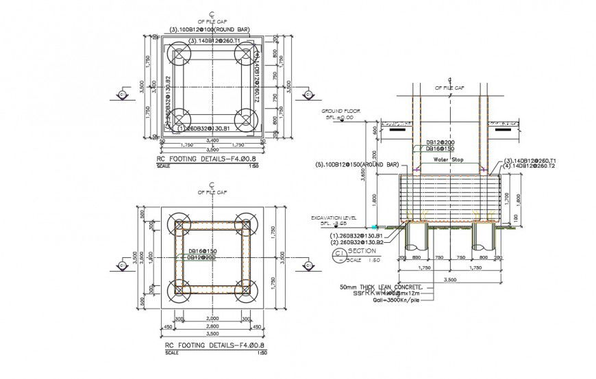 CAD detailing drawings of RCC footing structure dwg file