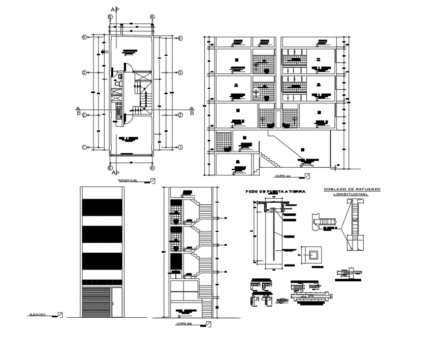 CAD drawings of housing apartment section plan and elevation autocad file