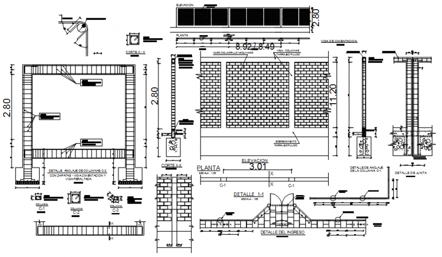 CAD drawings details of a brick masonry wall and reinforcement details dwg file