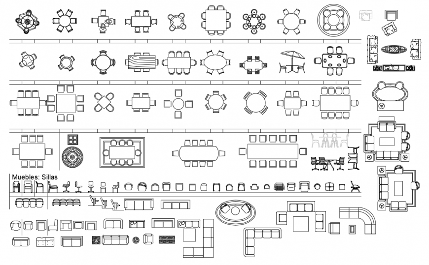 Cad drawings details of  dining area of different area variation