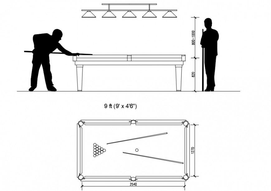 CAd drawings details of  front  elevation of Billiards game with two men