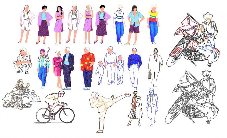 CAd drawings details of  front elevation of  colorful people around city