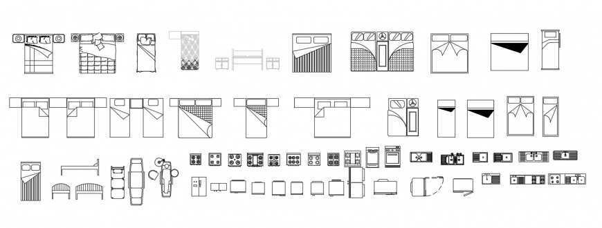 Cad drawings details of  single bed and gas stove ,refrigerator