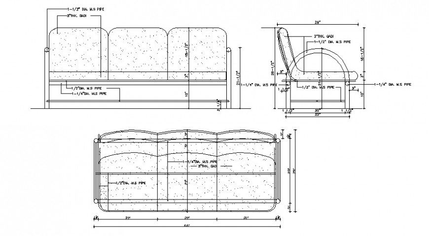 Cad drawings details of  top  and side view of three  seater  bumped  sofa