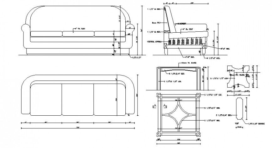 Cad drawings details of  top  and side view of three seaters bent sofa with elevation