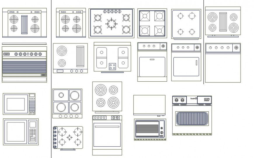 Cad drawings details of  top  view of burner stoves in kitchen