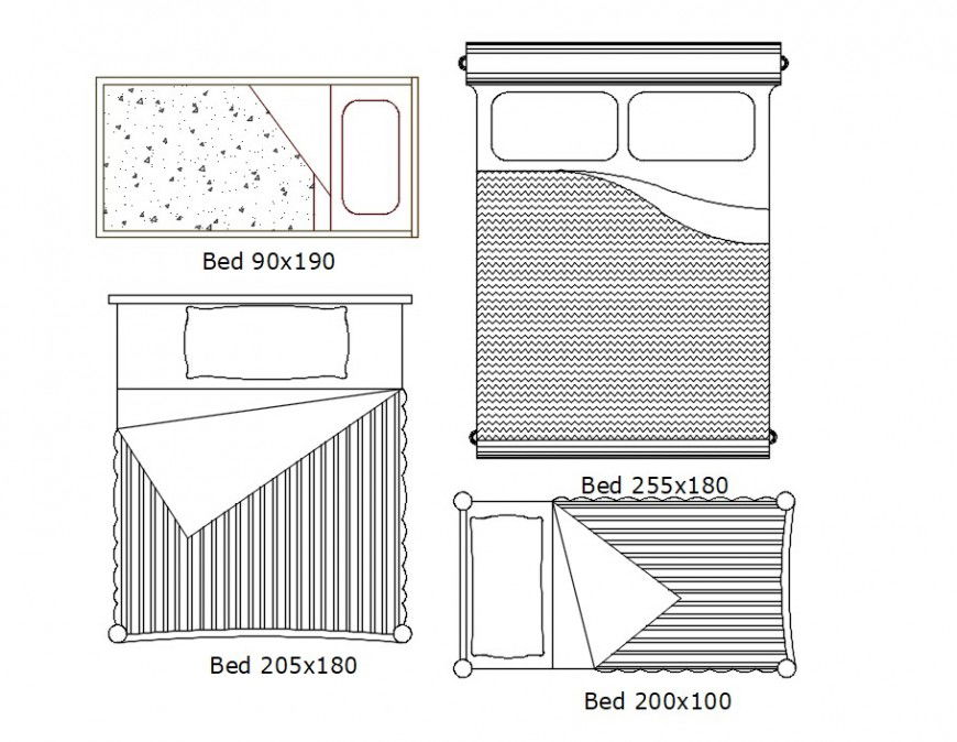 Cad drawings details of  top  view of decor huge  beds single and double bed