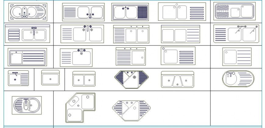 Cad drawings details of top view of styles of wash basins
