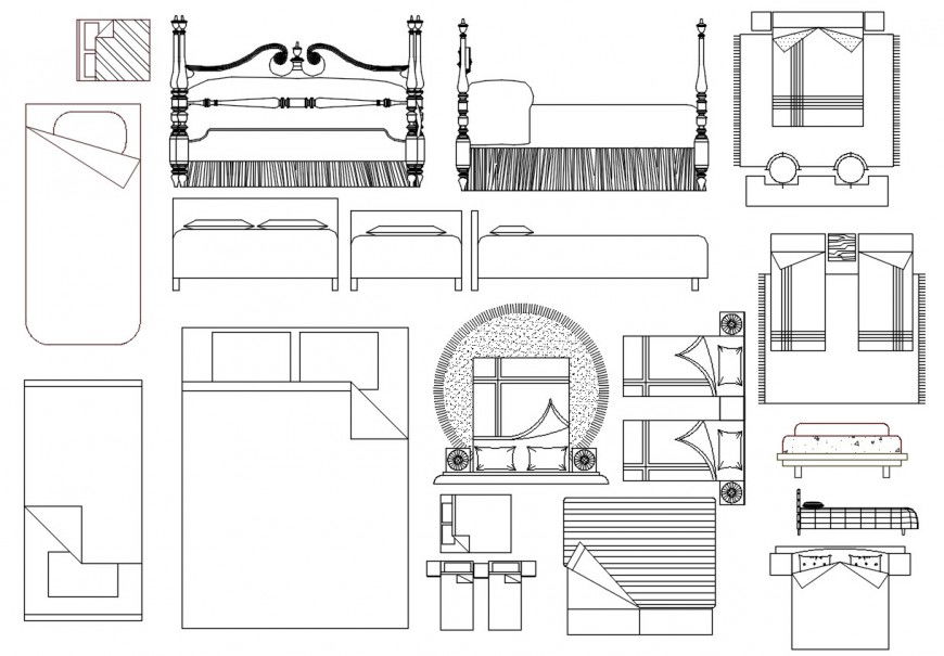 Cad drawings details of  top  view of stylish beds single and double bed   