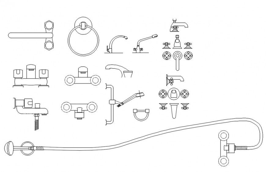 Cad drawings details of top view of types of faucets for washbasins