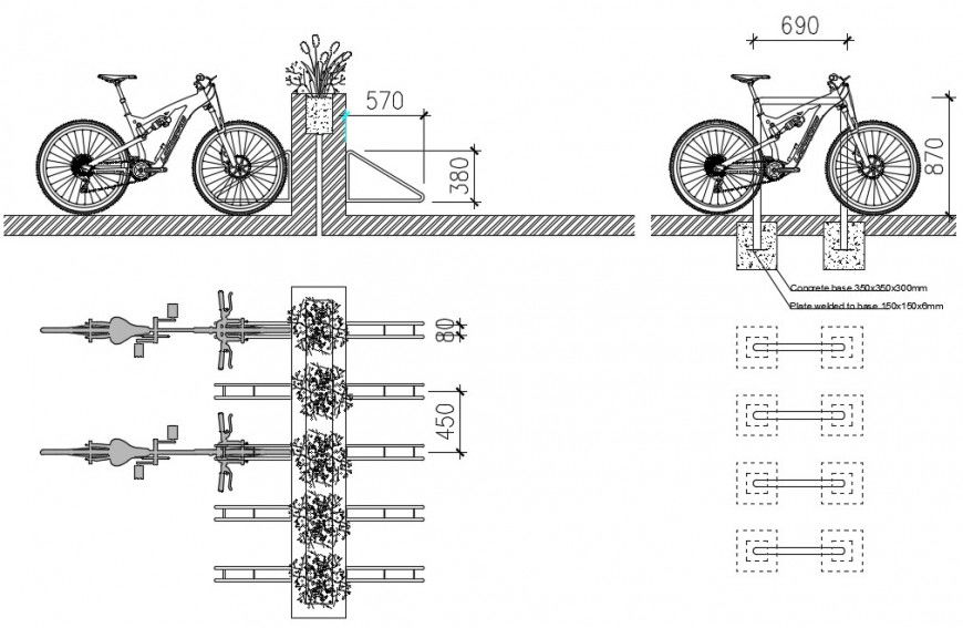 CAd drawings details of  top elevation of bike rack