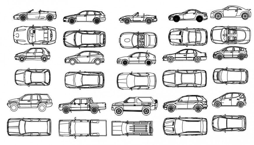 CAd drawings details of  top elevation of different cars