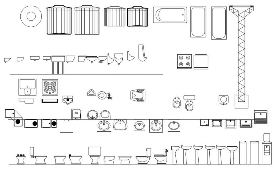 Cad drawings details of  top elevation of different types of washroom sanitary
