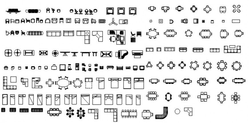 Cad drawings details of  double bed, dining area  