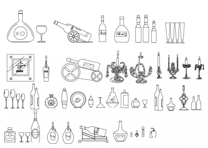 CAd drawings details of  front elevation of fancy bottles and glasses wardrobe