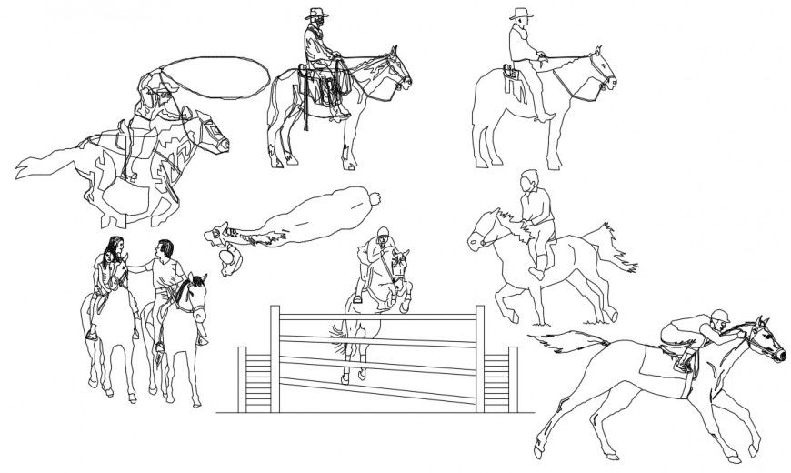 CAd drawings details of  people horse  riders