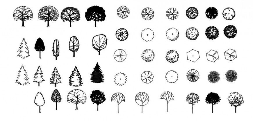 CAD drawings details of  round bushy trees and flower pots   
