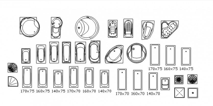 Cad drawings details of round curved bath tubs