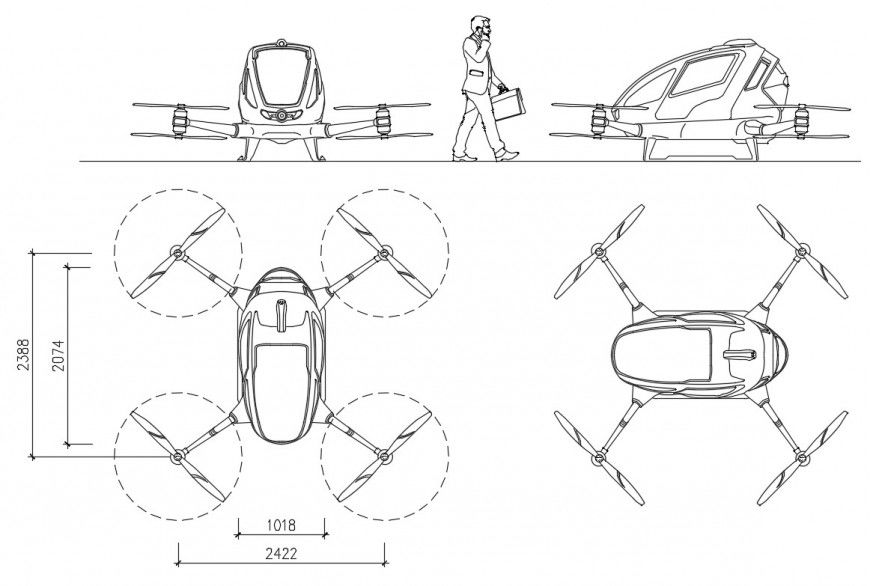 CAd drawings details of  top and side elevation of passenger drone