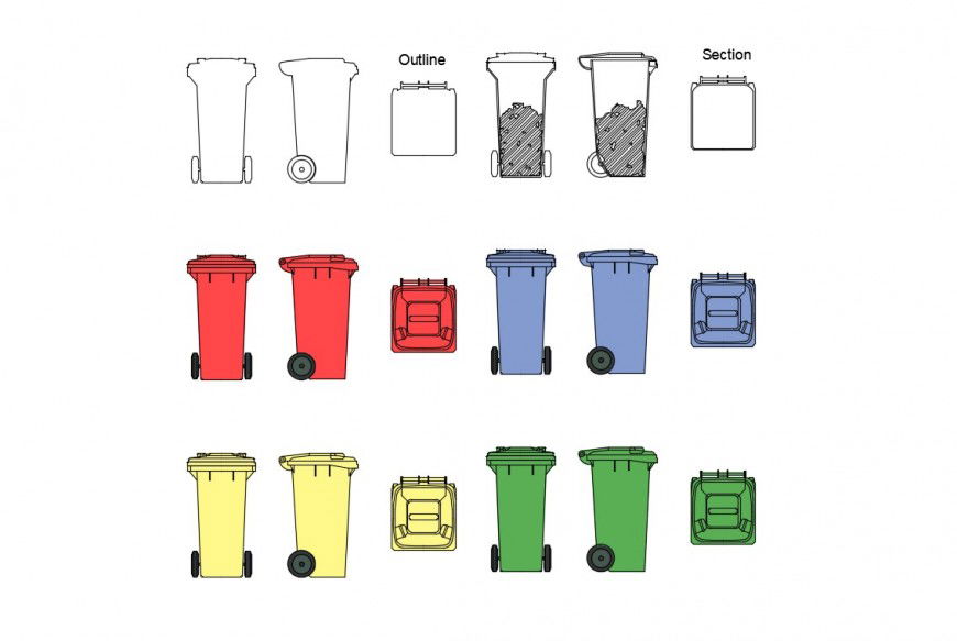 CAd drawings details of 3d view detailing of recycled bin garbage bin