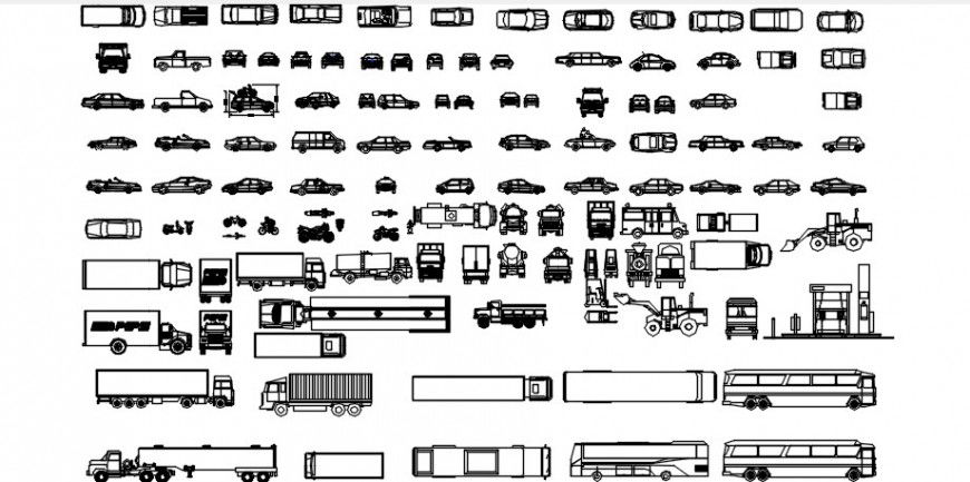 Cad drawings details of a loaded truck, car, bike  