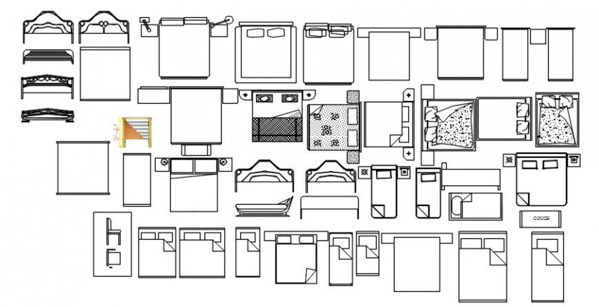 Cad drawings details of a top view and front view  of bed  