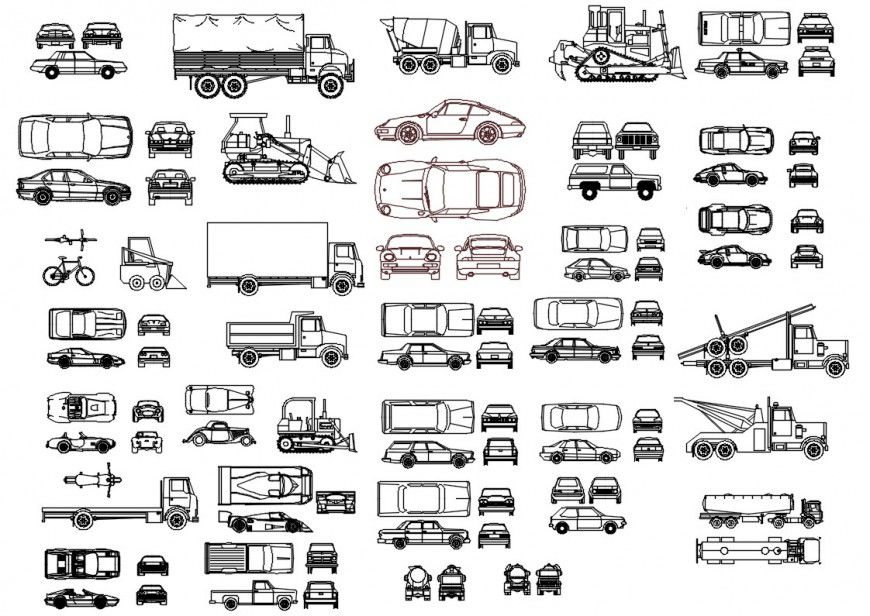 CAd drawings details of a top view of different types of transport cars vehicle