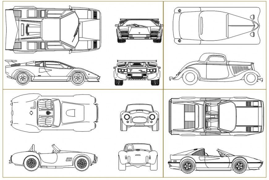 Cad drawings details of a top view of  different types of transport luxury cars  