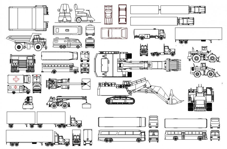 Cad drawings details of a top view of  different types of transport vehicle elevation  