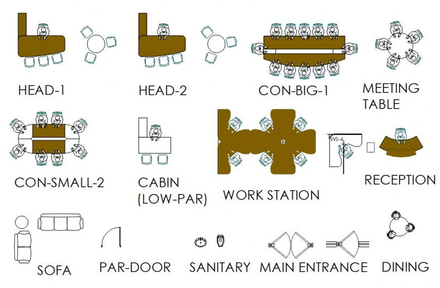 Top View CAD Drawings of Office Furniture Blocks in DWG file 