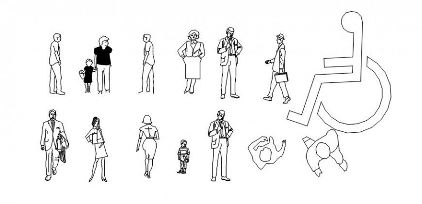 Cad drawings details of aged people front view and top