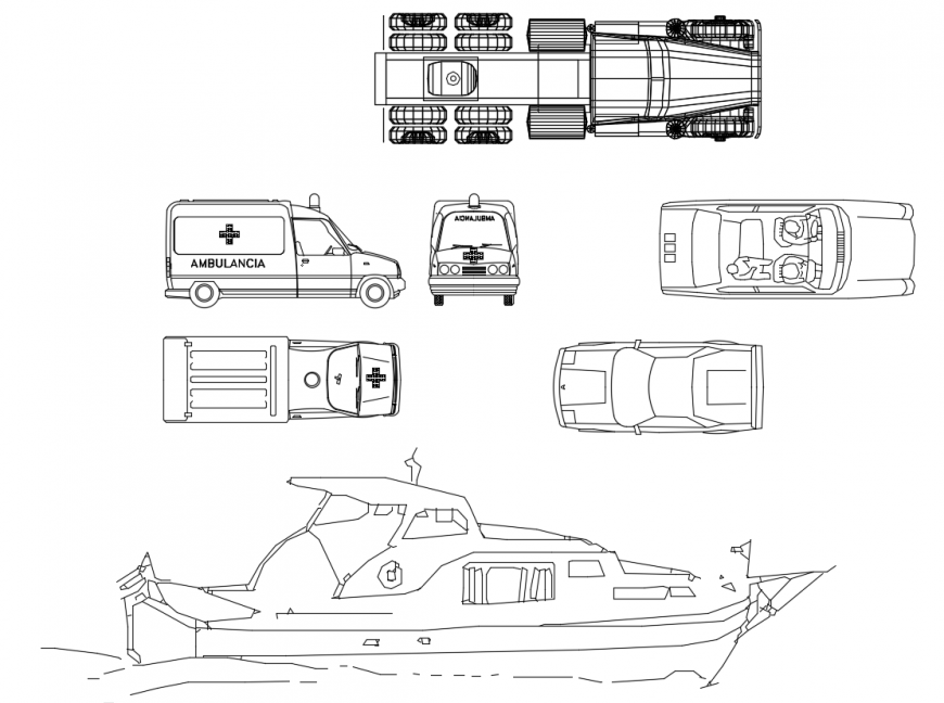 CAD drawings details of ambulance van  and truck and ships