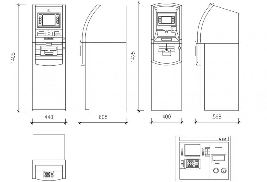 ATM Machine CAD Blocks with Dimensions and Elevation Views in DWG File