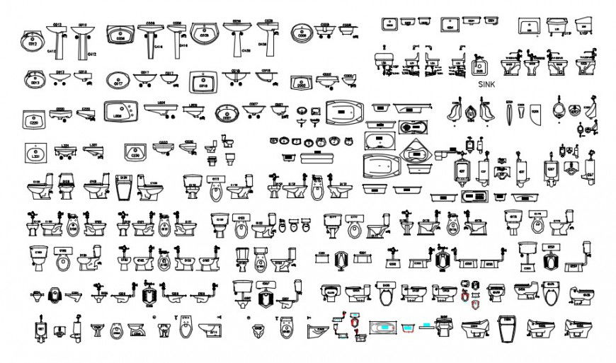 CAd drawings details of bathroom equipment with washbasin ,closet and bath tub  