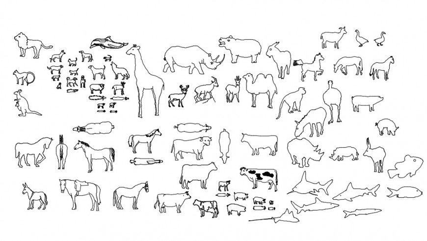 CAd drawings details of buffalo, cow, and calf, horse and deer