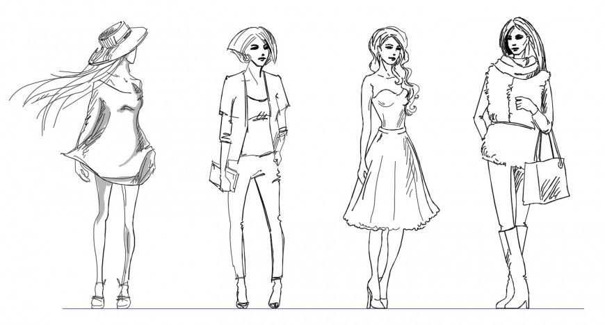 CAd drawings details of fashion designer girls on-ramp  